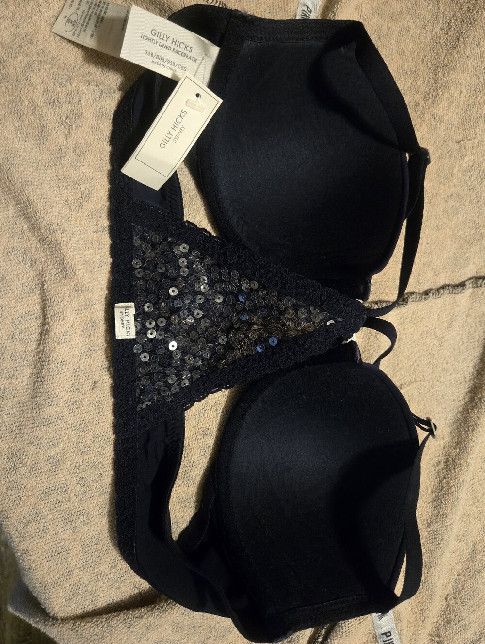 ♡Gilly Hicks(Hollister) Navy Blue Sequin Racerback Lightly Lined Bra